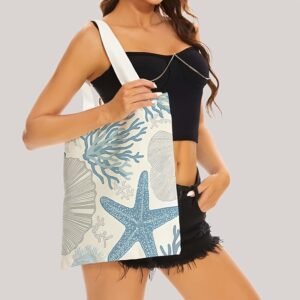 A Large Capacity Tote Bag with a Blue Starfish Pattern