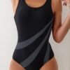 Women'S Athletic Swimsuit, Black Gray Asymmetrical Contrast One-Piece Swimwear